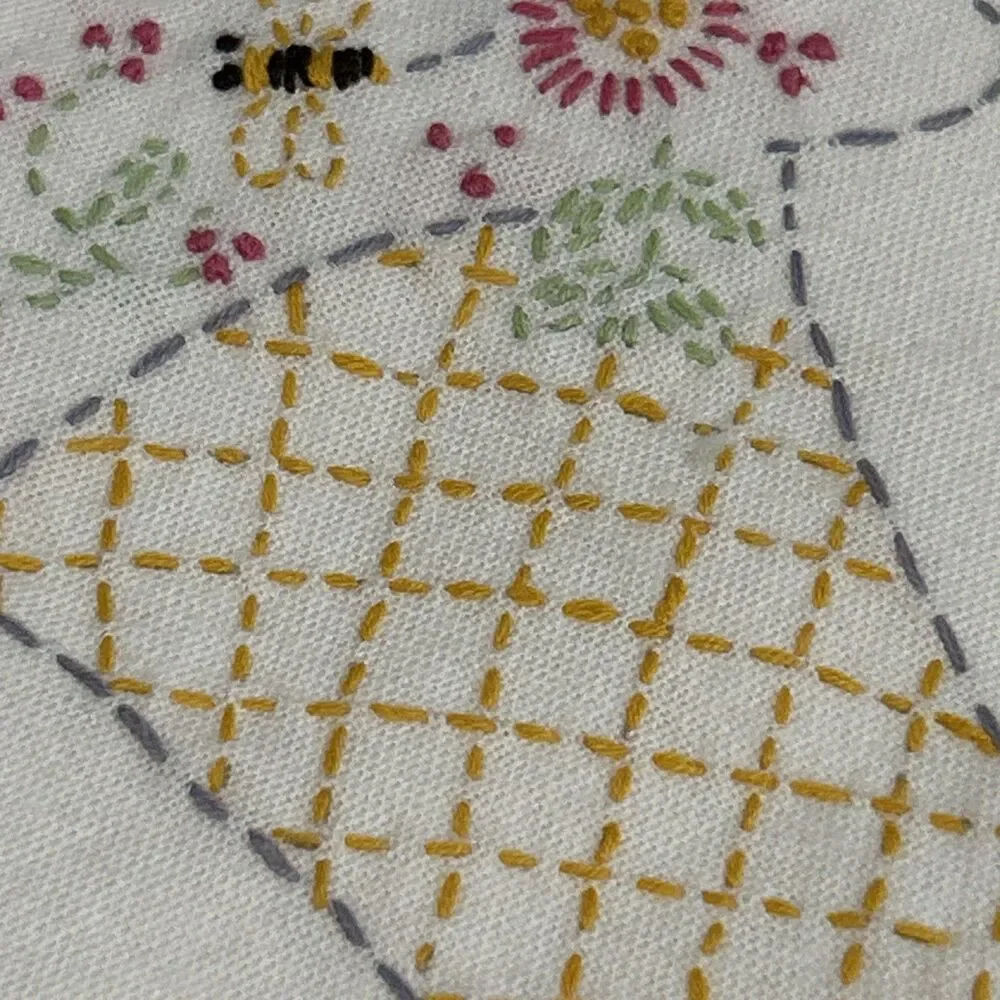 Set of 2 Hand Embroidered Cream Dish Tea Towels Floral Basket Bees